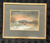 Vintage Framed Winter Landscape Watercolour - 14.75" by 12.25"