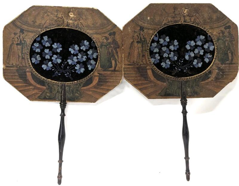Pair of Antique Victorian Hand-Beaded Paper & Velvet Opera Fans, 14.5" Long Each