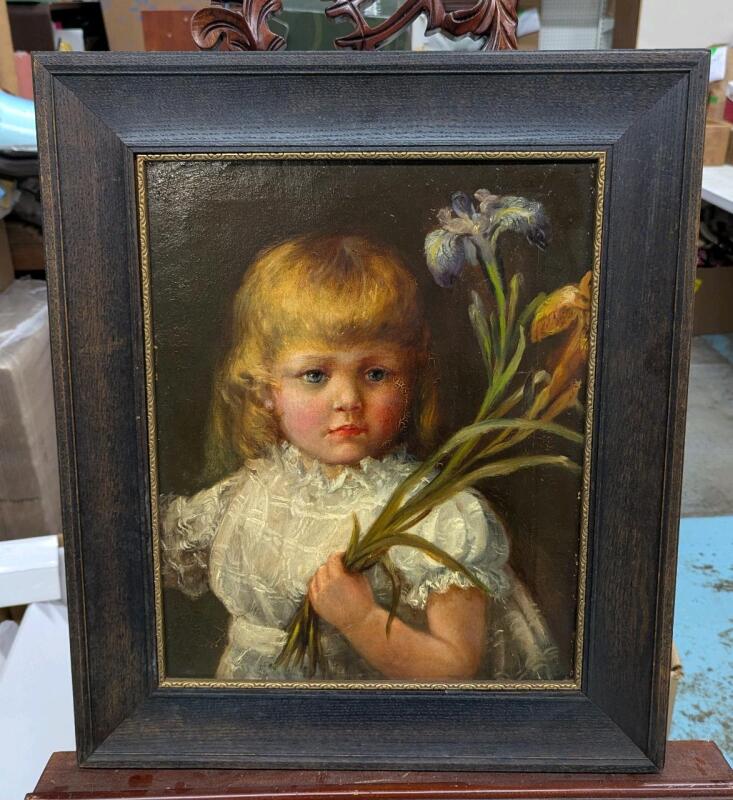 Very Old Oil on Canvas Jean-Girl with Flowes, 20" &times; 23.4"