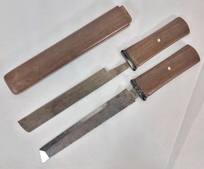 Vintage Japanese Mini Knife & Saw Set . Both w/Inlay Wood Handles & Wood Saya . Knife Engraved with Japanese Letters . Measure 8.5" & 8 &frac14;" long