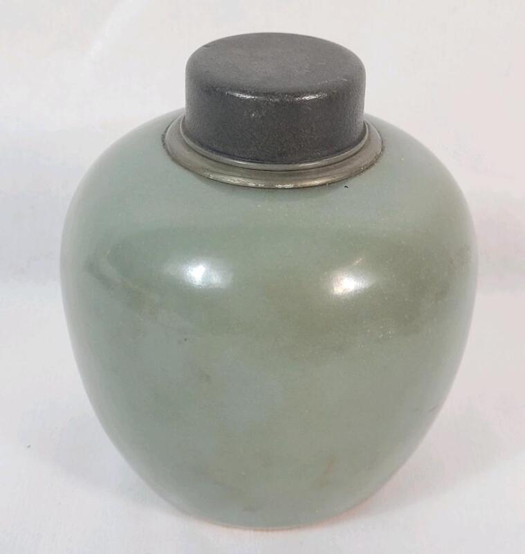 Vintage Asian Style Glazed Ceramic Urn w/Metal Lid . Measures 3 &frac34;" tall . No chips or cracks