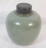 Vintage Asian Style Glazed Ceramic Urn w/Metal Lid . Measures 3 &frac34;" tall . No chips or cracks