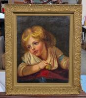 Very Old Oil on Canvas Jean-Baptiste Greuze Art Reproduction Piece, Prior to Mechanical Printing, 19.5" &times; 23.5"