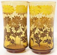 Pair of MCM Vintage Signed LIBBEY Amber Glass Yellow Ombre Daisy Pattern Drinking Glasses, 5.25" Tall, No Chips or Cracks