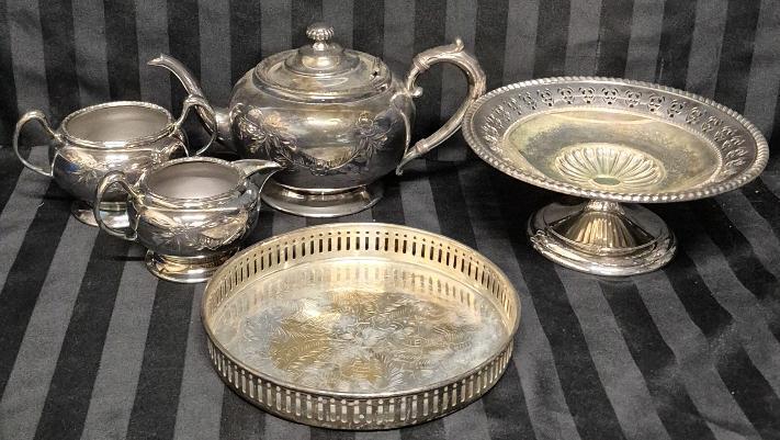 Vintage Silverplate Teapot Set & Cake Stand +