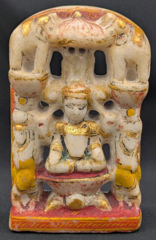 Very Old Polychrome Marble Statue of Indian Goddess Lakshmi, Goddess of Wealth, Prosperity, Good Fortune, Beauty, and Fertility | 4.8" Tall