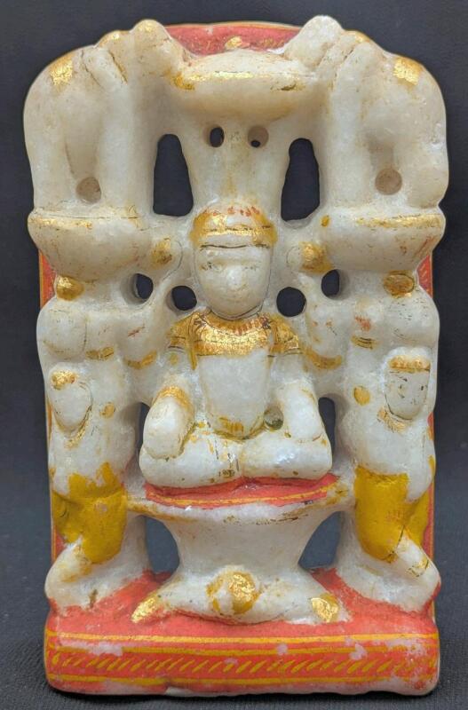 Very Old Polychrome Marble Statue of Indian Goddess Lakshmi, Goddess of Wealth, Prosperity, Good Fortune, Beauty, and Fertility | 4.8" Tall