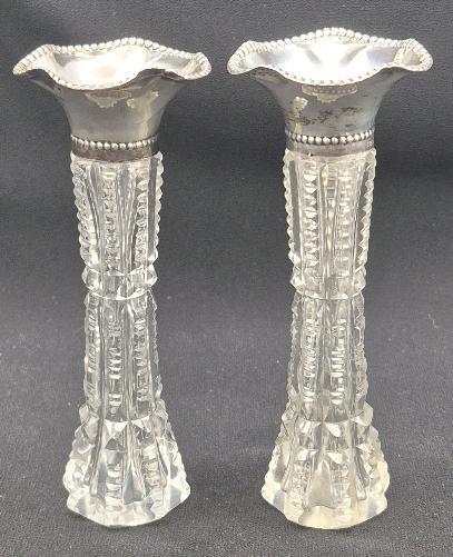 2 Vintage Cut Glass STERLING Stamped Bud Vases 5" Tall