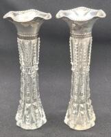 2 Vintage Cut Glass STERLING Stamped Bud Vases 5" Tall