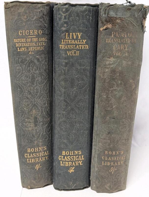 3 Antique 1800s BOHN'S Classical Library Hardcover Books | [1868] CICERO : Nature of the Gods, Divination, Fate...etc, [1872] The History of Rome by TITUS LIVIUS (Books 9-12) WITH UNTRIMMED PAGES, [1848] PLATO Literally Translated Vol III, (See Descriptio