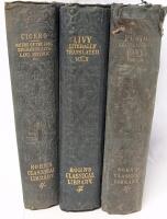 3 Antique 1800s BOHN'S Classical Library Hardcover Books | [1868] CICERO : Nature of the Gods, Divination, Fate...etc, [1872] The History of Rome by TITUS LIVIUS (Books 9-12) WITH UNTRIMMED PAGES, [1848] PLATO Literally Translated Vol III, (See Descriptio