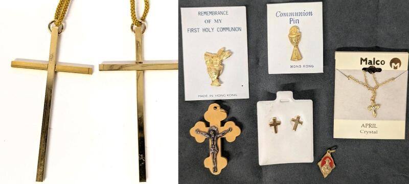 Vintage to Modern Christian / Catholic Jewelry: 2&times; 4.25" Long Crosses on 26" Long Cords, Malcolm April Crystal Dainty Necklace, 2&times; Communion Pins Made in Hong Kong, Wooden Bethlehem Crucifix Pendant, Dainty Cross Earrings, Small 0.6" Long Pendant with Red