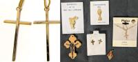 Vintage to Modern Christian / Catholic Jewelry: 2&times; 4.25" Long Crosses on 26" Long Cords, Malcolm April Crystal Dainty Necklace, 2&times; Communion Pins Made in Hong Kong, Wooden Bethlehem Crucifix Pendant, Dainty Cross Earrings, Small 0.6" Long Pendant with Red