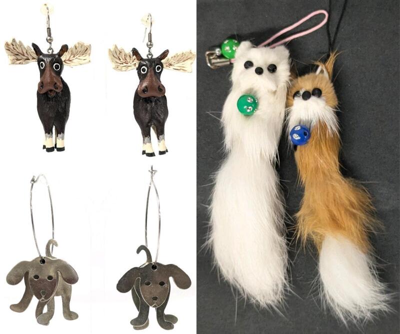 Vintage Critter Danglers : 2 Real Fur Fox Charms w Articulated Tails 4", Pair of 3D Puppy Hoop Earrings 1.4" Diameter, Pair of Goofy Moose Earrings for Pierced Ears 2" Long Each