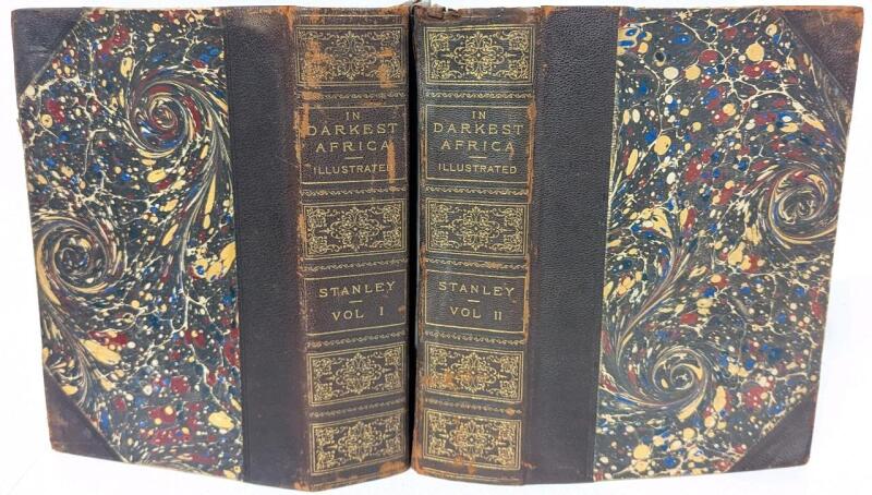 2 Antique 1890 IN DARKEST AFRICA by Henry M. Stanley Vol I & II Hardcover Books & Maps