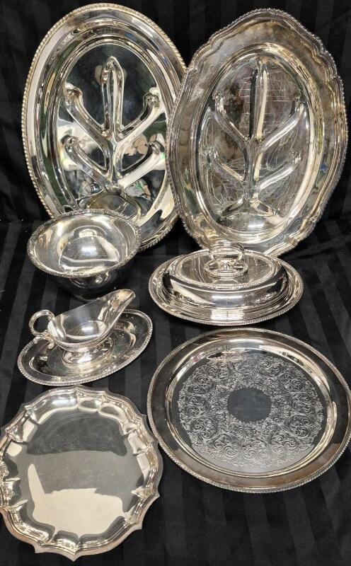 Vintage Silverplate Entertaining Lot - Platters, Gravy Boat +