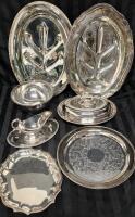 Vintage Silverplate Entertaining Lot - Platters, Gravy Boat +