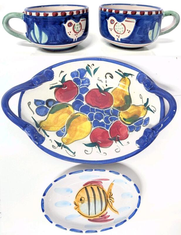2 SOLIMENE Vietri Italy Coffee Cups (2.5" Tall Each), Large Maxwell Pottery Handled Fruit Serving Tray (14" &times; 9.5") & Vietri Italian Fish Dish (8" &times; 5"), No Chips or Cracks