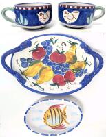 2 SOLIMENE Vietri Italy Coffee Cups (2.5" Tall Each), Large Maxwell Pottery Handled Fruit Serving Tray (14" &times; 9.5") & Vietri Italian Fish Dish (8" &times; 5"), No Chips or Cracks