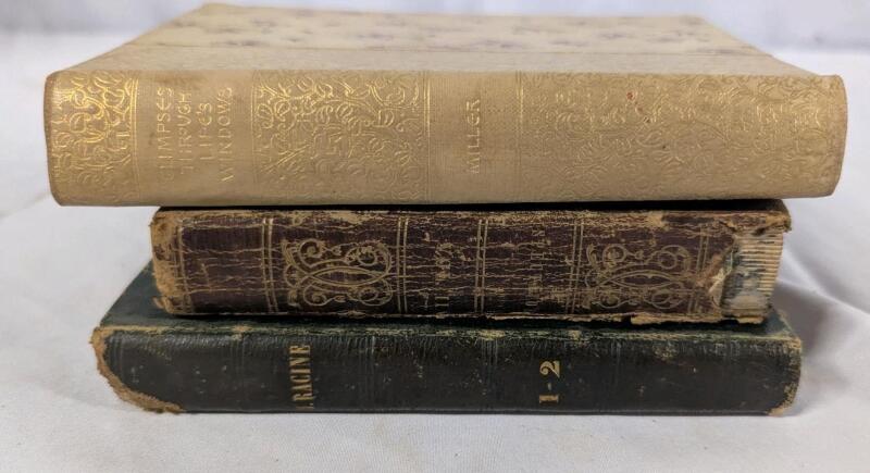 3 Antique to Vintage Hardcover Books. On book is in French and has no publish dates. Other books printed in 1836 g 1893