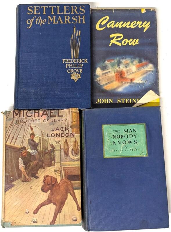 4 Vintage Hardcover Books: [1945] Cannery Row, [1925] The Man Nobody Knows. [1917] Michael, Brother of Jerry, [1925] Settlers of the Marsh