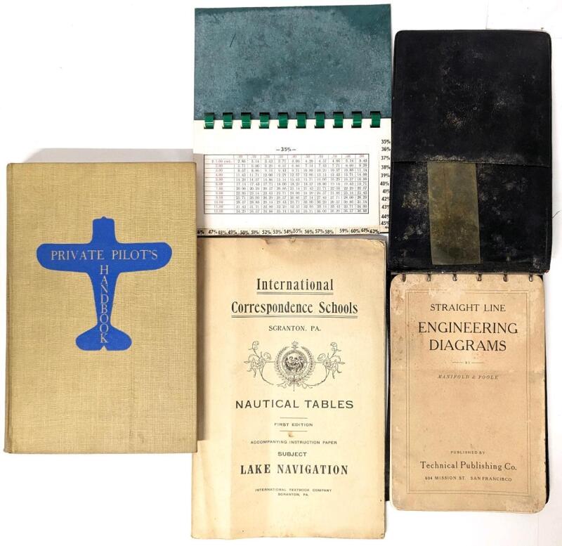 4 Antique to Vintage Books & Guides : [1902] International Correspondence Schools Nautical Tables (First Edition, PB), [Early 1900s] Straight Line Engineering Diagrams by Manifold & Poole, [1942] Private Pilots Handbook (HC), [Undated] Percentages Chart N