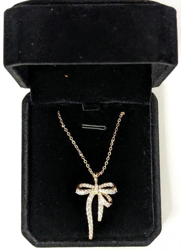 NEW 18K Gold Plated 34.0mm Siuiated Diamond Bow Necklace - Chain 18" Long