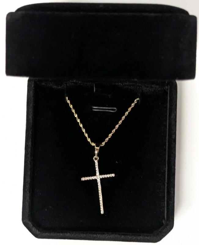 NEW 14K Gold Plated 34.0mm Simuiated Diamond Cross Necklace - Chain 17" Long