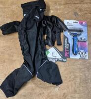 2 New Dog Acessories - sz Med PINA Waterproof Dog Jacket with Leash & Reflective Strap & Patyourpet Grooming Tool Dual Head