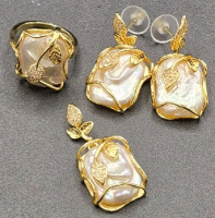 NEW 3pcs Baroque Style Faux Freshwater Pearl Jewelry Set - Pendant, Earrings & Adjustable Ring