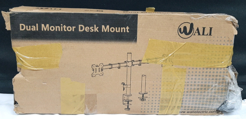 As New Wali Dual Monitor Desk Mount, Holds Up to 27" Monitors, 22lb Weight Capacity | Packaging Has Wear And Tear, But Components Inside Are As New | Package is 17" Long, 8" Wide