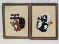 Pair of MCM Vintage Kitschy 3D Stitch Art Critters : Raccoon + Skunk, 10.25" &times; 13.25"