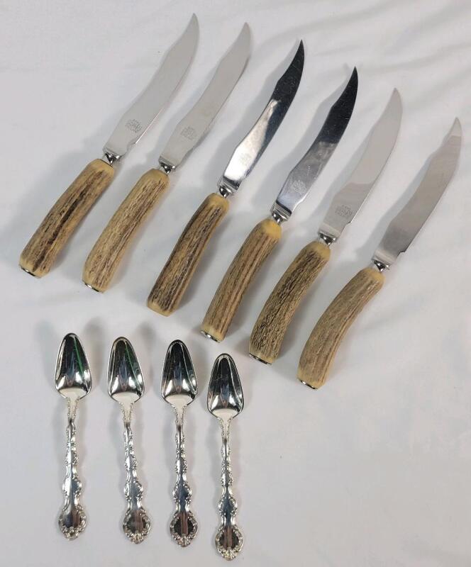 6 Vintage BIRKS Bone Handle Steak Knives & 4 BIRKS Regency Teaspoons .