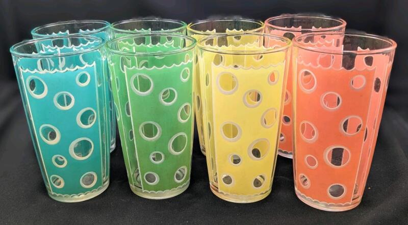8 Vintage MCM Signed FRED PRESS Rainbow Circle Highball Drinking Glasses, 5" Tall Each, No Chips or Cracks