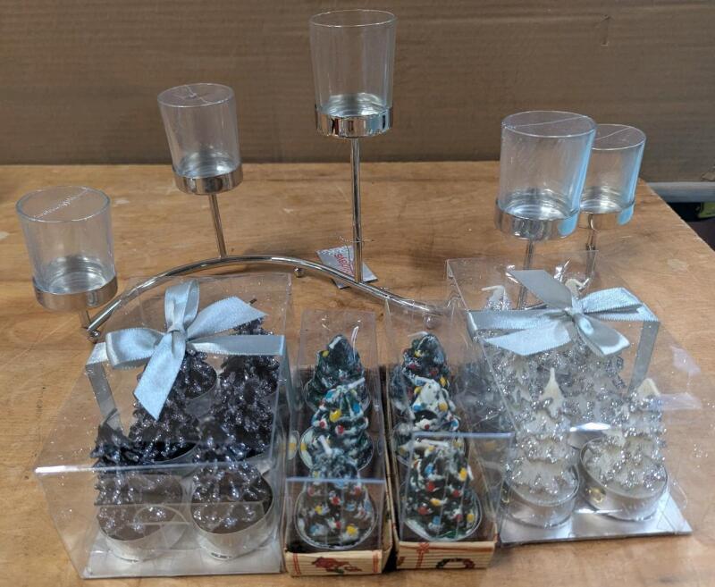 New Candle Decor Lot. 5 Candle Tealight Holder and 18 Candles. Tealight Holder Stands 7.75" Tall