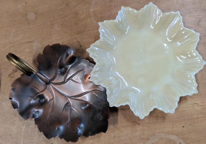 2 Vintage Leaf Dishes. Ceramic Belleek and Coppercraft Grape Leaf Tray. Belleek Measures 6" Across.