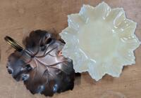2 Vintage Leaf Dishes. Ceramic Belleek and Coppercraft Grape Leaf Tray. Belleek Measures 6" Across.
