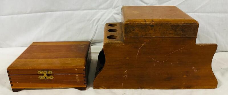 2 Vintage Wooden Boxes, Includes Pipe Smoker&rsquo;s Cabinet (10.5&rdquo; x 5.5&rdquo; x 6&rdquo;) and Jewelry Box (6.25&rdquo; x 5.5&rdquo; x 2.5&rdquo;)
