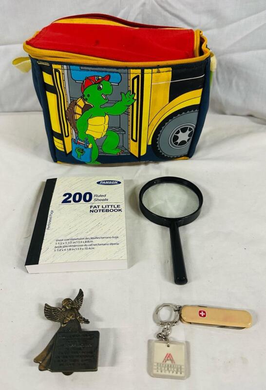 5 Assorted Home Items, Includes Vintage Franklin Lunchbox, Guardian Angel Clip, Swiss Army Knife, Magnifying Glass, and 200 Page Notebook (5.5&rdquo; x 3.5&rdquo;)