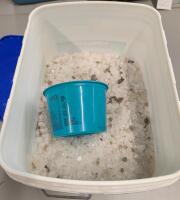 Approximately 14kg (including container weight) if sidewalk salt. Container measures 11.5" Tall