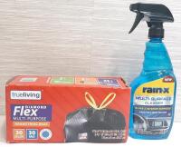 New Pack of 30pc 30 Gallon Garbage Bags & Rain-X Multi-Surface Cleaner