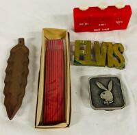 4 Assorted Vintage Household Items, Includes Coin Quick-Adder, Leaf Incense Holder with Sticks, Playboy Belt Buckle, and Elvis Solid Brass Belt Buckle