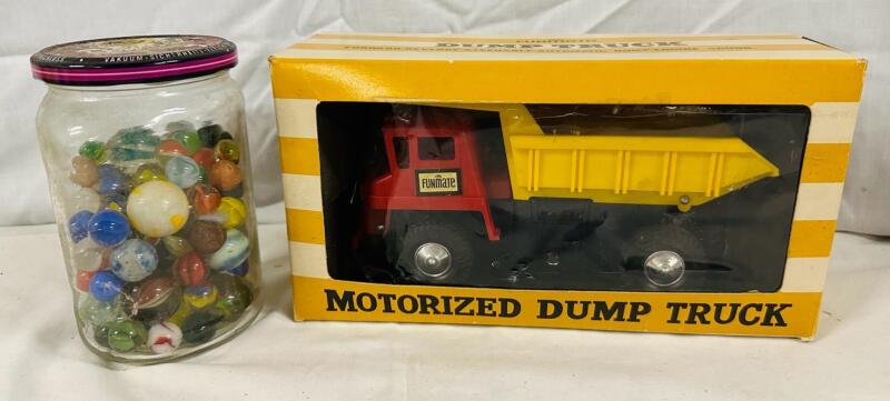 2 Kids Toys/Games, Includes Dump Truck (8&rdquo; x 3.5&rdquo; x 3.5&rdquo;) and Jar of Marbles of Various Sizes
