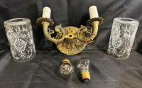Vintage Ornate Brass Double-Arm Faux Candle Wall Sconce with Etched Glass Shades