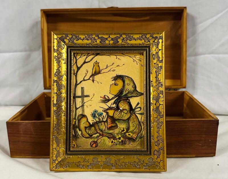 2 Vintage Home Items, Includes Wooden Jewelry Box and Bertha Hummel &ldquo;Bird Duet&rdquo; Framed Print - See Description for Dimensions