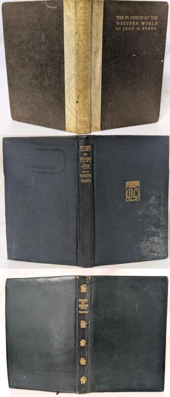 2 Antique Hardcover Books + Poss. Antique Softcover: [1906] The Book of Snobs by Thackeray, [1911] The Playboy of the Western World : A Comedy in Three Acts by Synge, [Undated] Studies in Pessimism by Schopenhauer