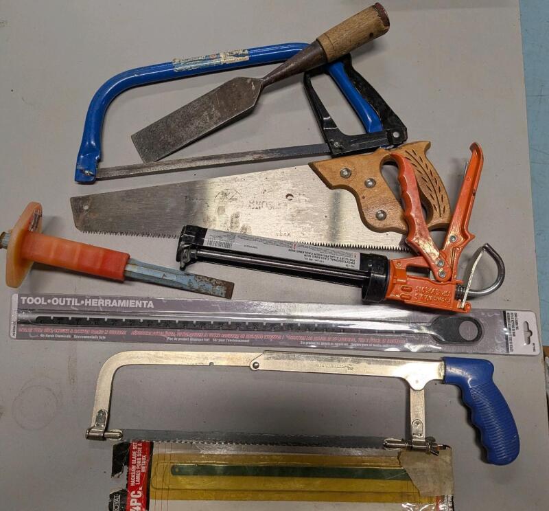 8 Assorted Tools. Handsaw 18" Long.
