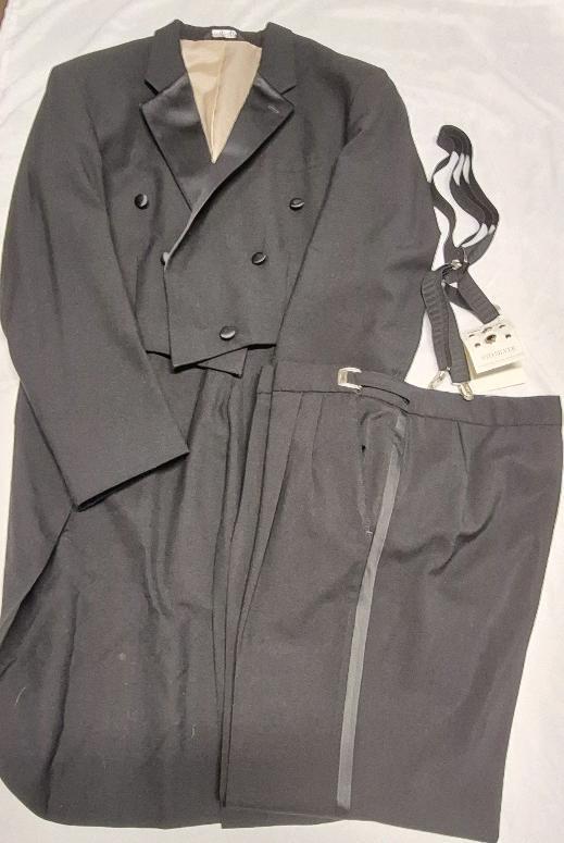 Men's sz 34 Pants & 46Long Jacket Syd Silver Formals Suit Jacket with Tails & Pants & Accessories