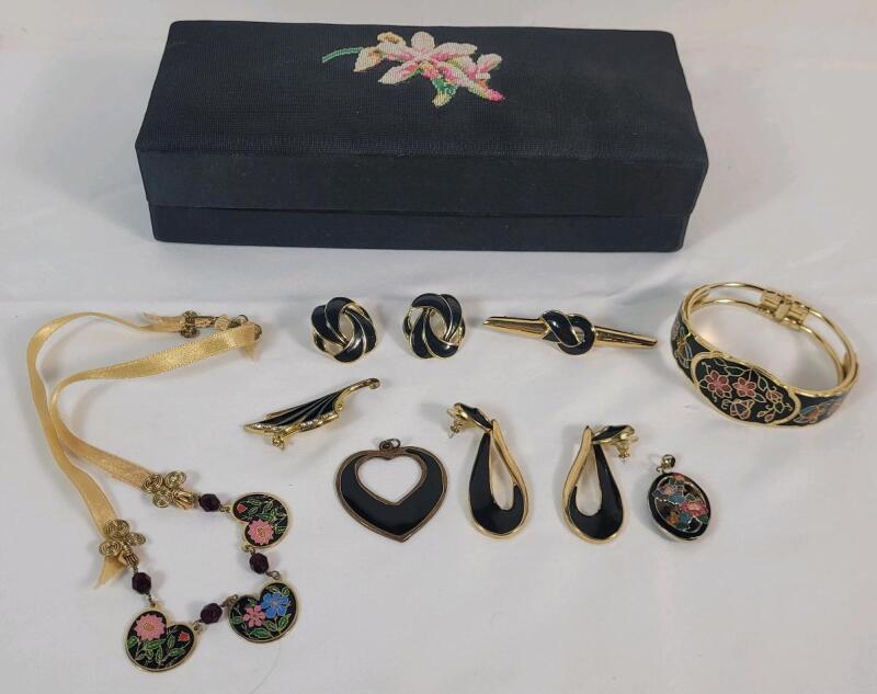Collection of Enamel & Cloisonne Jewelry & Box w/Needle Point Top