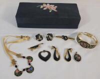 Collection of Enamel & Cloisonne Jewelry & Box w/Needle Point Top